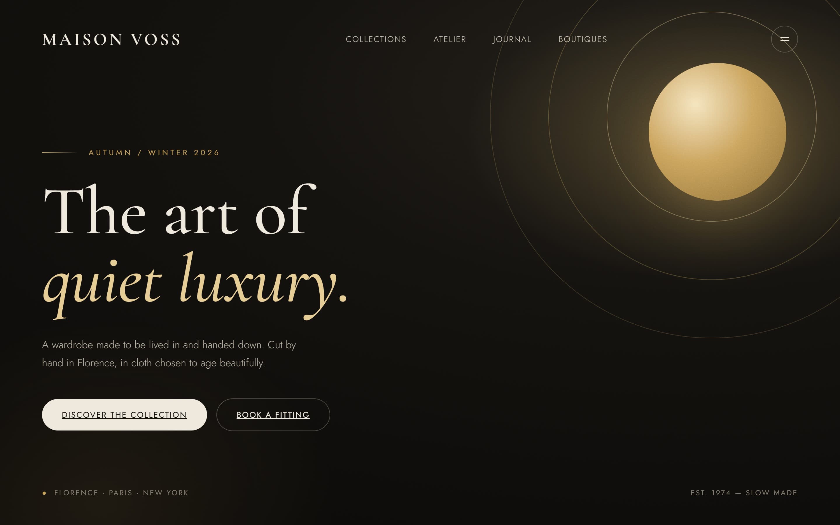 Example homepage design for a luxury fashion house: dark, editorial, with gold accents